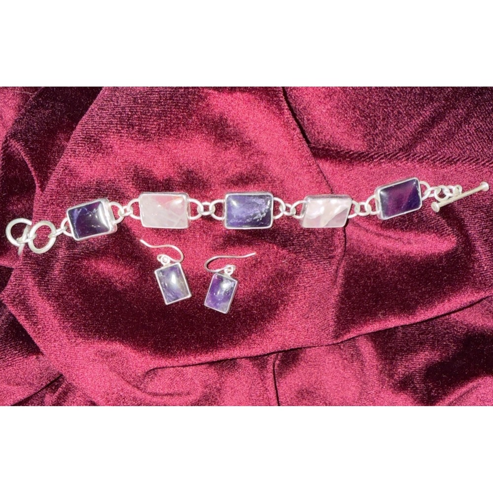 lot of Amethyst , Rose Quartz Bracelet  8" and Amethyst earrings sterling silver